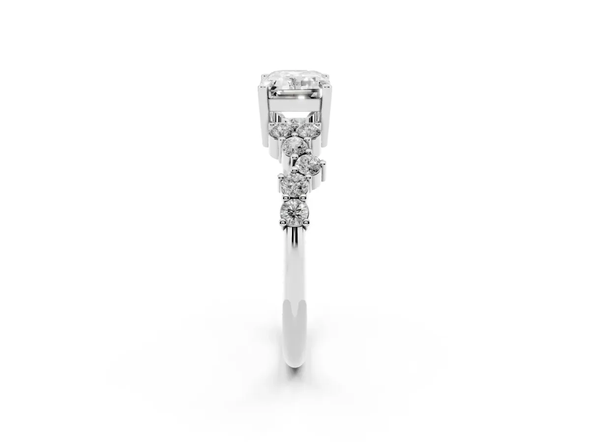 Emerald Cut Diamond Scattered Round Accent Ring with Prong Setting White gold