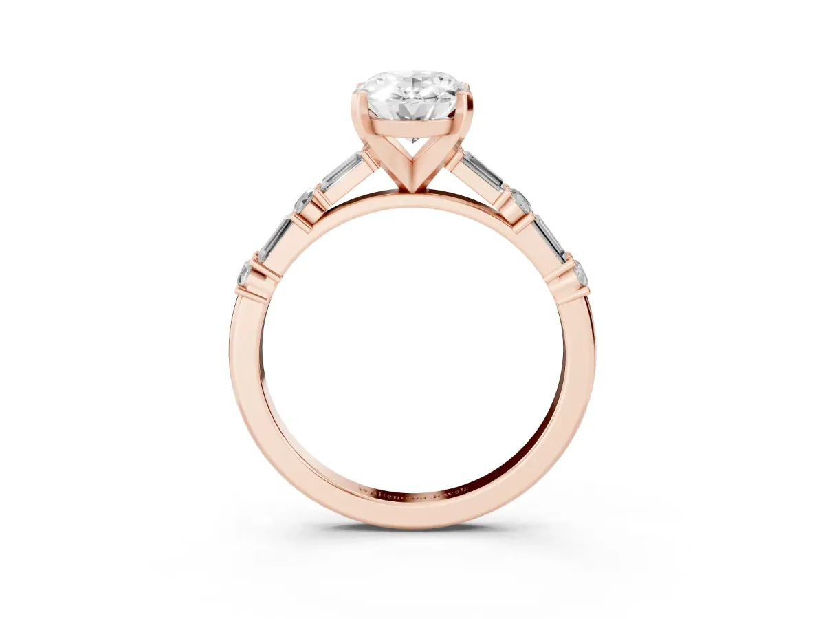 Oval Cut Diamond Solitaire with Side Baguettes and Channel Set Band Rose gold