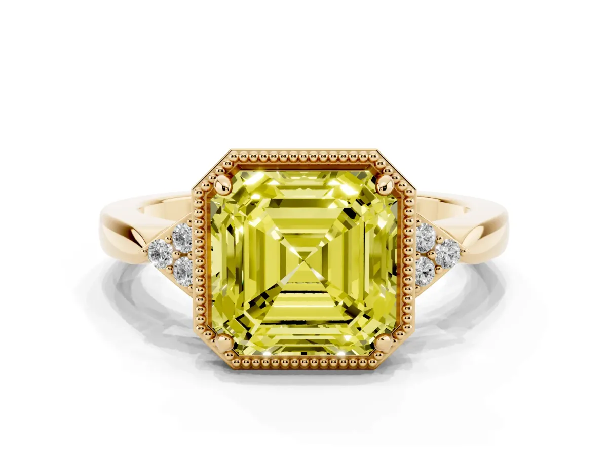 Fancy Yellow Hexagonal Halo Asscher Cut Diamond Solitaire with Pavé Band and Four-Prong Setting Yellow gold