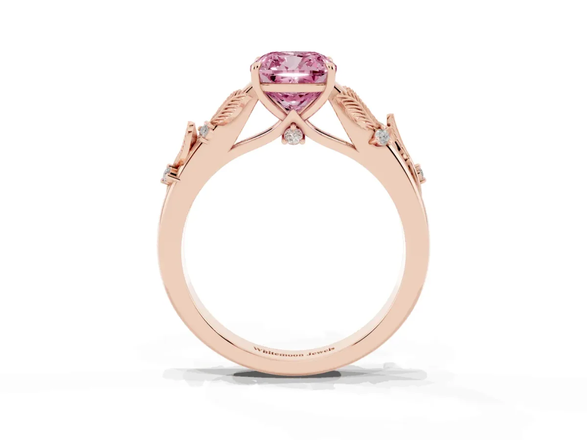 Fancy Pink Cushion Cut Diamond Solitaire Ring with Leaf Motif Band and Four-Prong Setting Rose gold