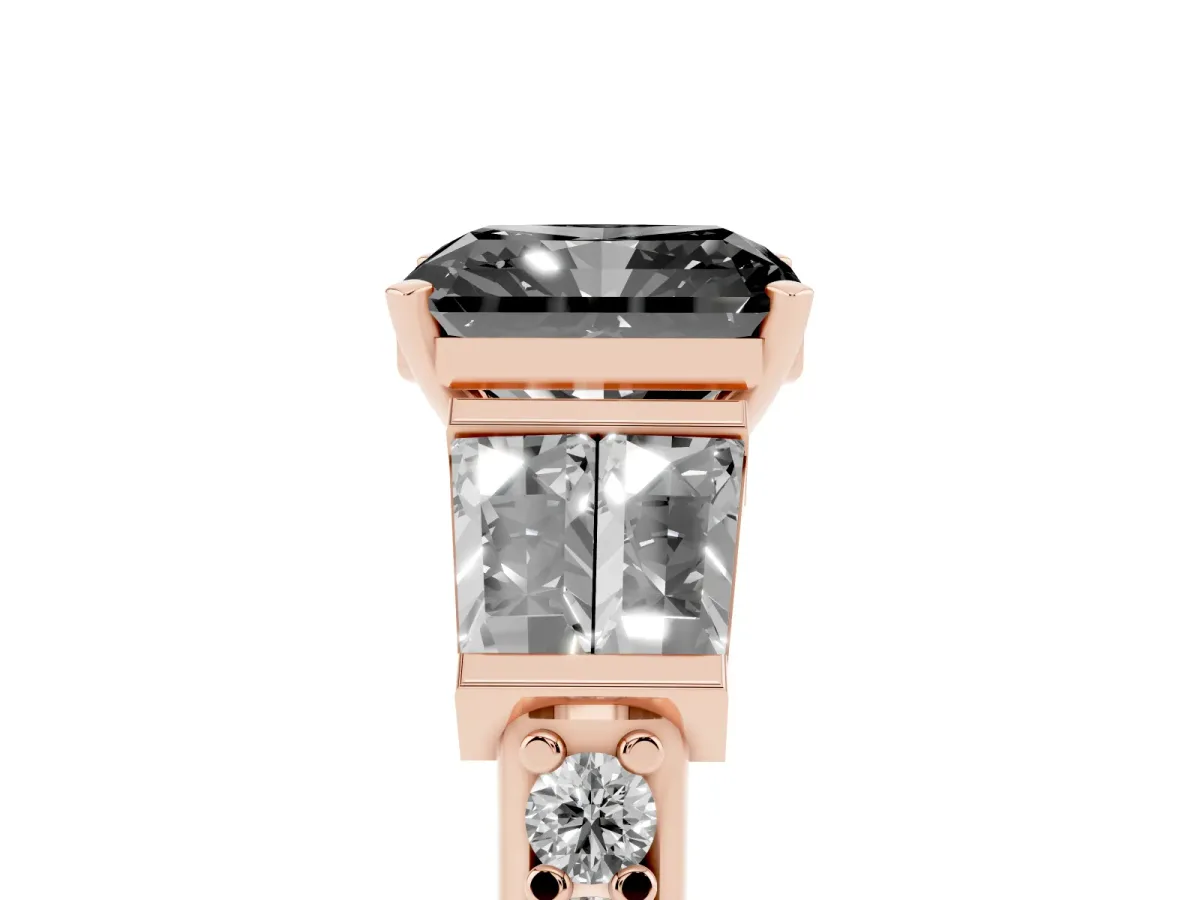 Fancy Black Radiant Cut Diamond Engagement Ring with Baguette Side Stones and Channel Set Band Rose gold
