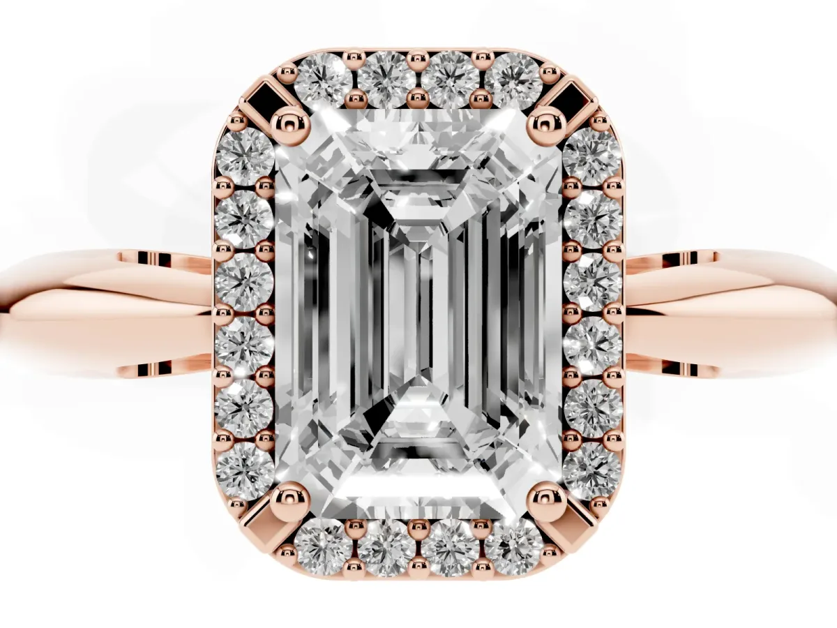 Emerald Cut Cut Diamond Halo Engagement Ring with Split Shank and Four-Prong Setting Rose gold