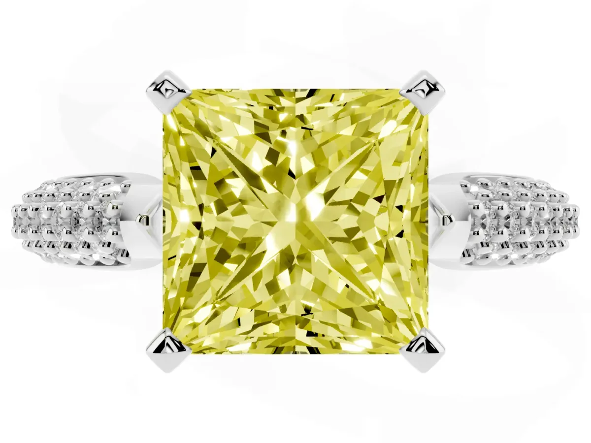 Fancy Yellow Princess Cut Diamond Solitaire Engagement Ring with Multi-Row Round Pavé Band and Prong Setting White gold