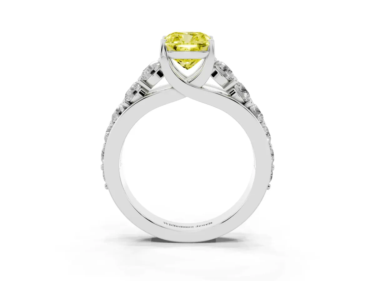 Fancy Yellow Cushion Cut Diamond Engagement Ring with Pavé Band and Four-Prong Setting Platinum