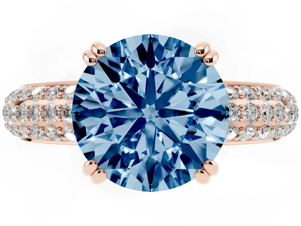 Fancy Blue Round Cut Diamond Solitaire Ring with Multi-Row Round Pavé Band and Prong Setting Rose gold
