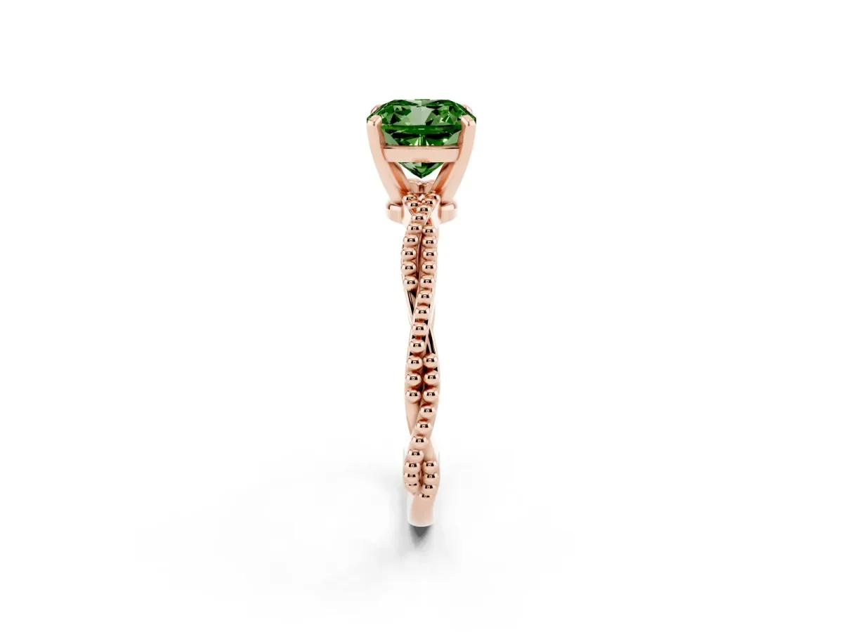 Fancy Green Cushion Cut Solitaire Twisted Band with Bead Prong Setting Rose gold