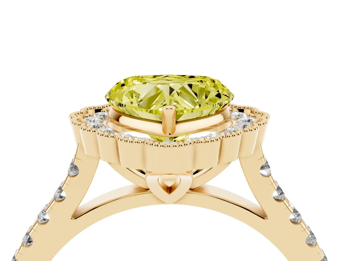Fancy Yellow Heart Cut Cut Diamond Milgrain Floral Halo Engagement Ring with Pavé Band Yellow gold