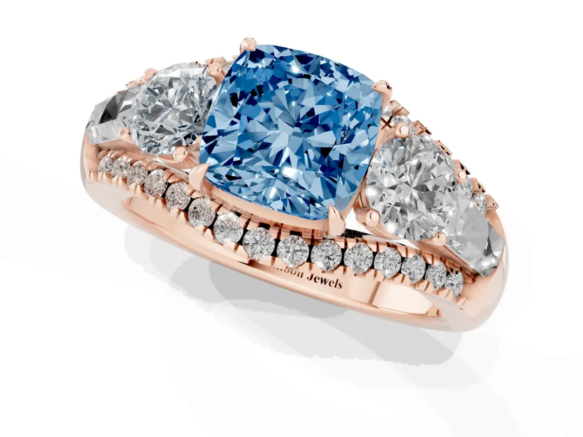 Fancy Blue Three-Stone Cushion Cut Diamond Engagement Ring with Pave Band and Prong Setting Rose gold