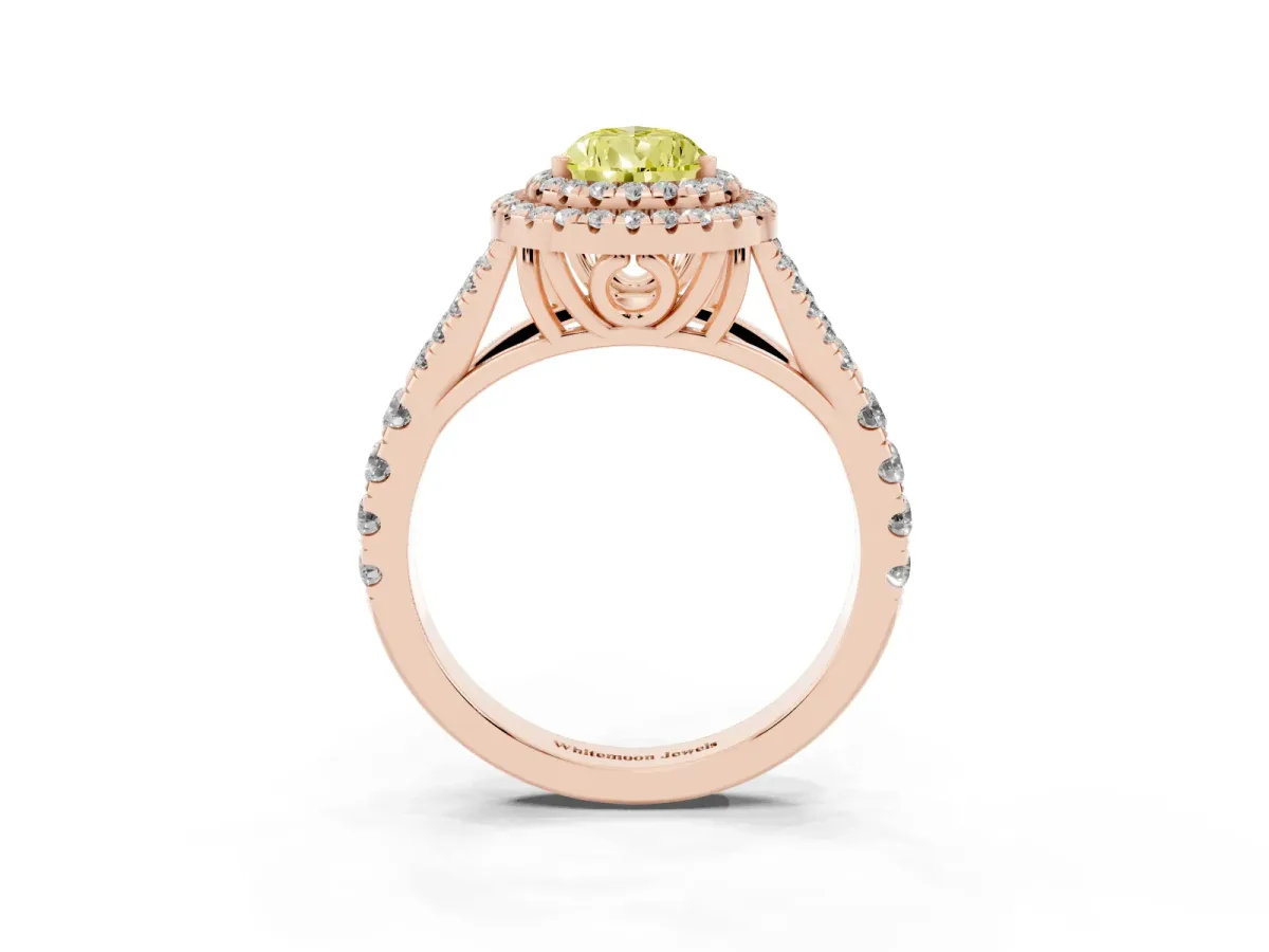 Fancy Yellow Double Halo Pear Cut Diamond Split Shank Engagement Ring with Four-Prong Setting Rose gold
