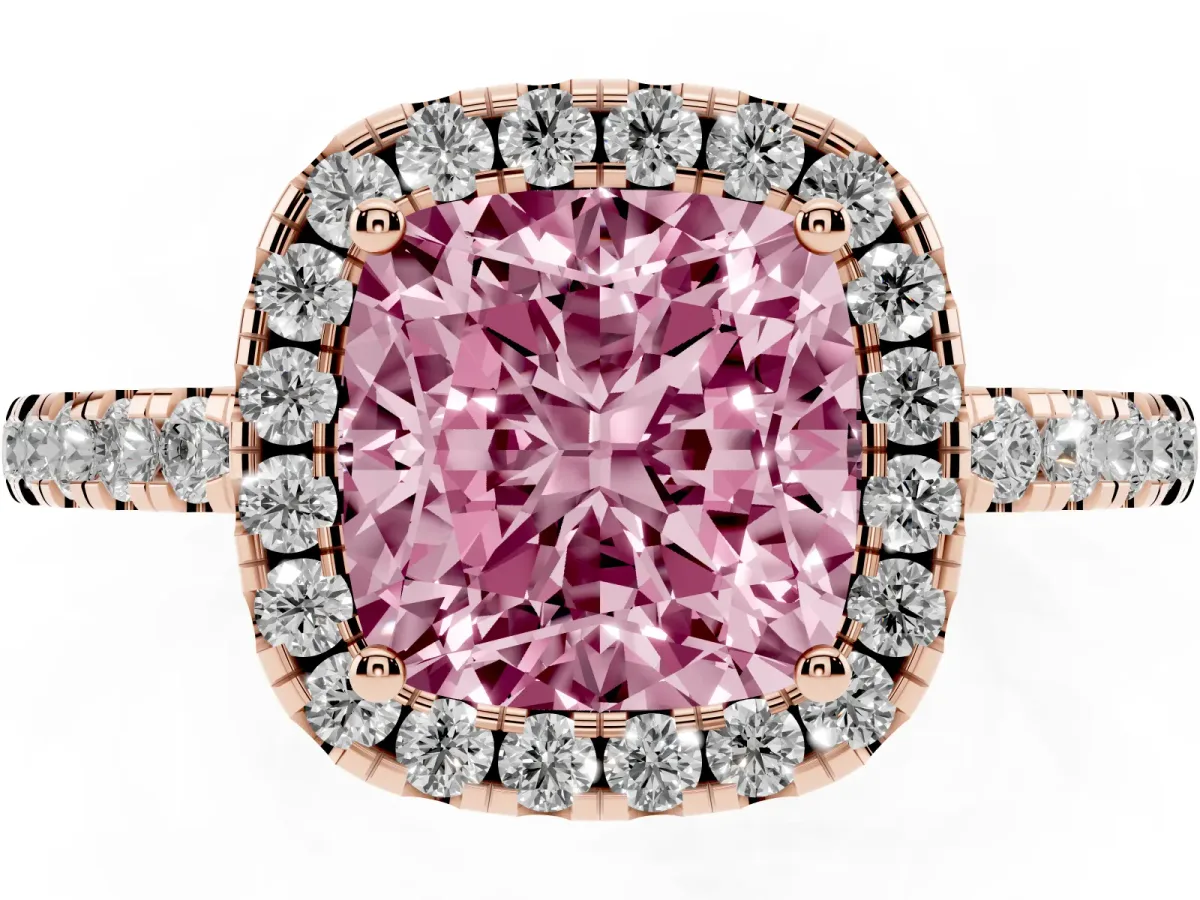 Fancy Pink Cushion Cut Halo Diamond Engagement Ring with Pavé Band and Four-Prong Setting Rose gold