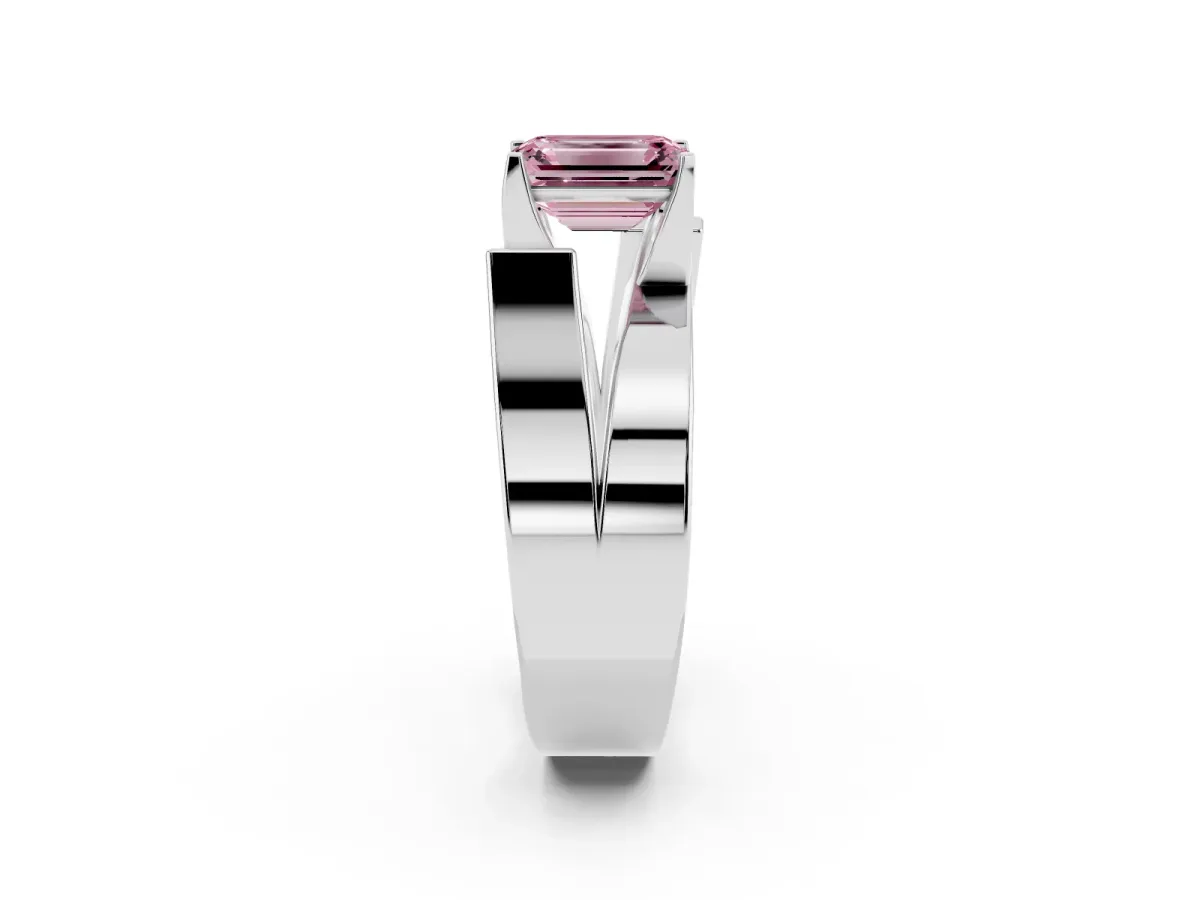 Fancy Pink Modern Tension Set Emerald Cut Diamond Solitaire Wide Band Ring Silver