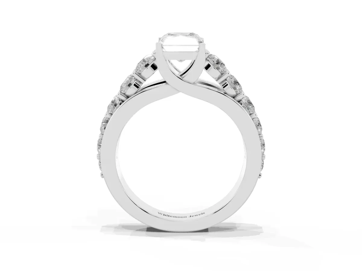 Radiant Cut Diamond Engagement Ring with Pavé Band and Four-Prong Setting Silver