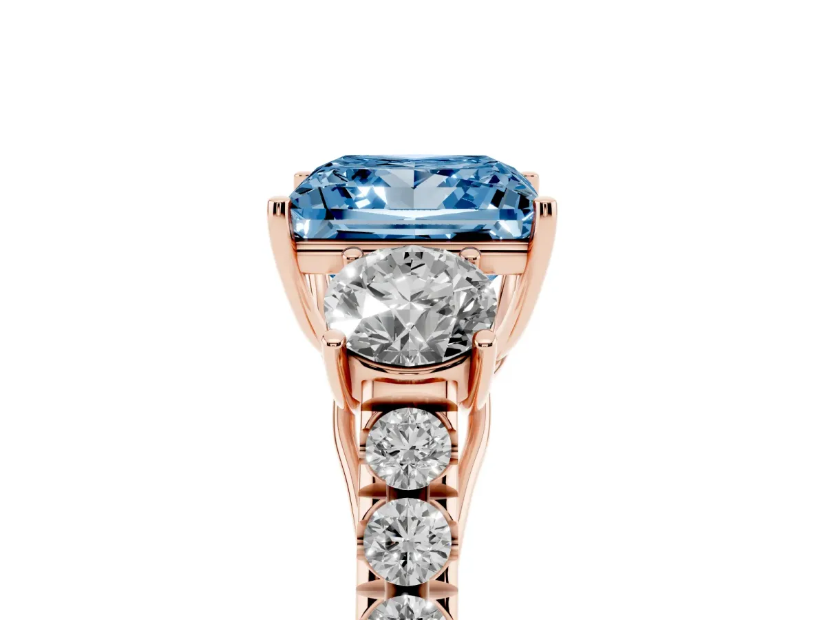 Fancy Blue Princess Cut Cut Diamond Three-Stone Ring with Round Side Stones and Pavé Band Rose gold