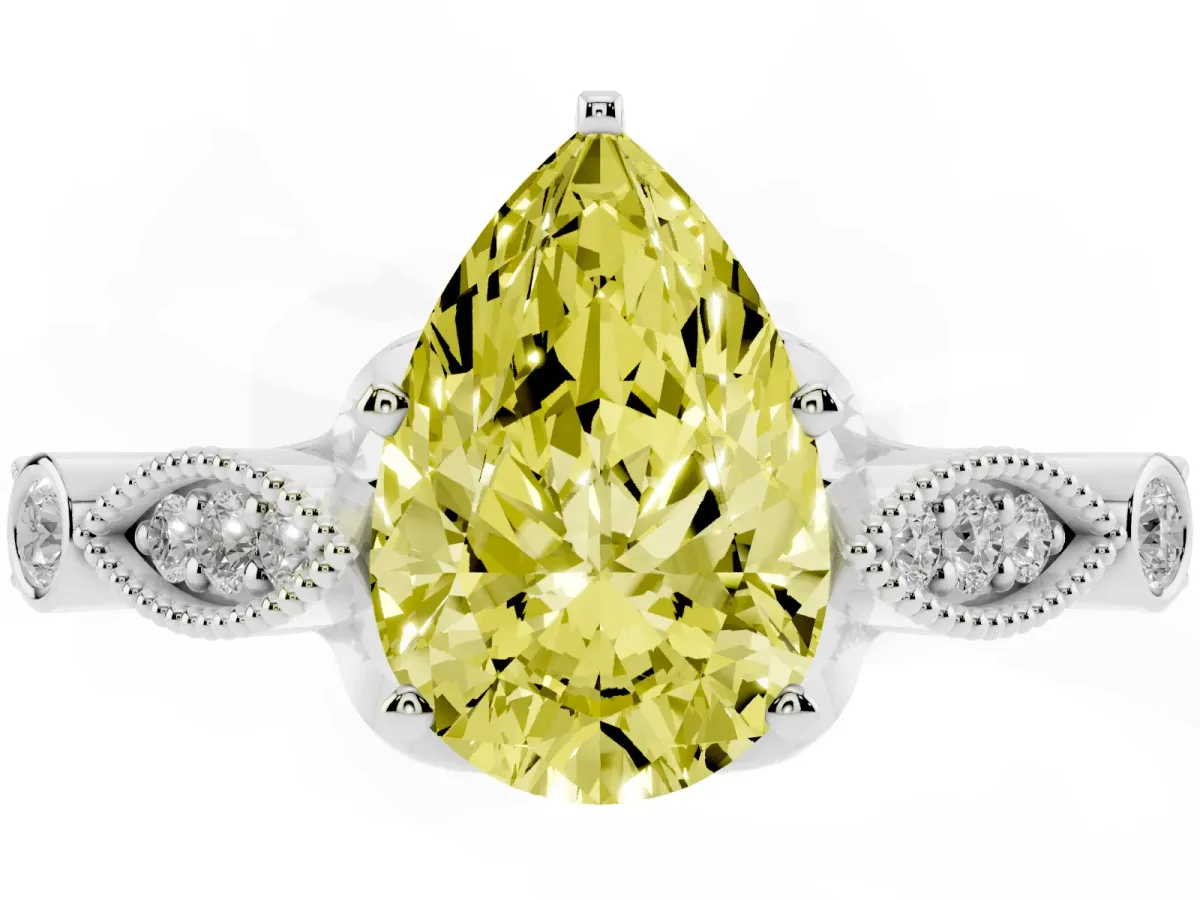 Fancy Yellow Pear Cut Cut Diamond with Milgrain Marquise and Bezel Accents on a Solitaire Band with Prong Setting Silver