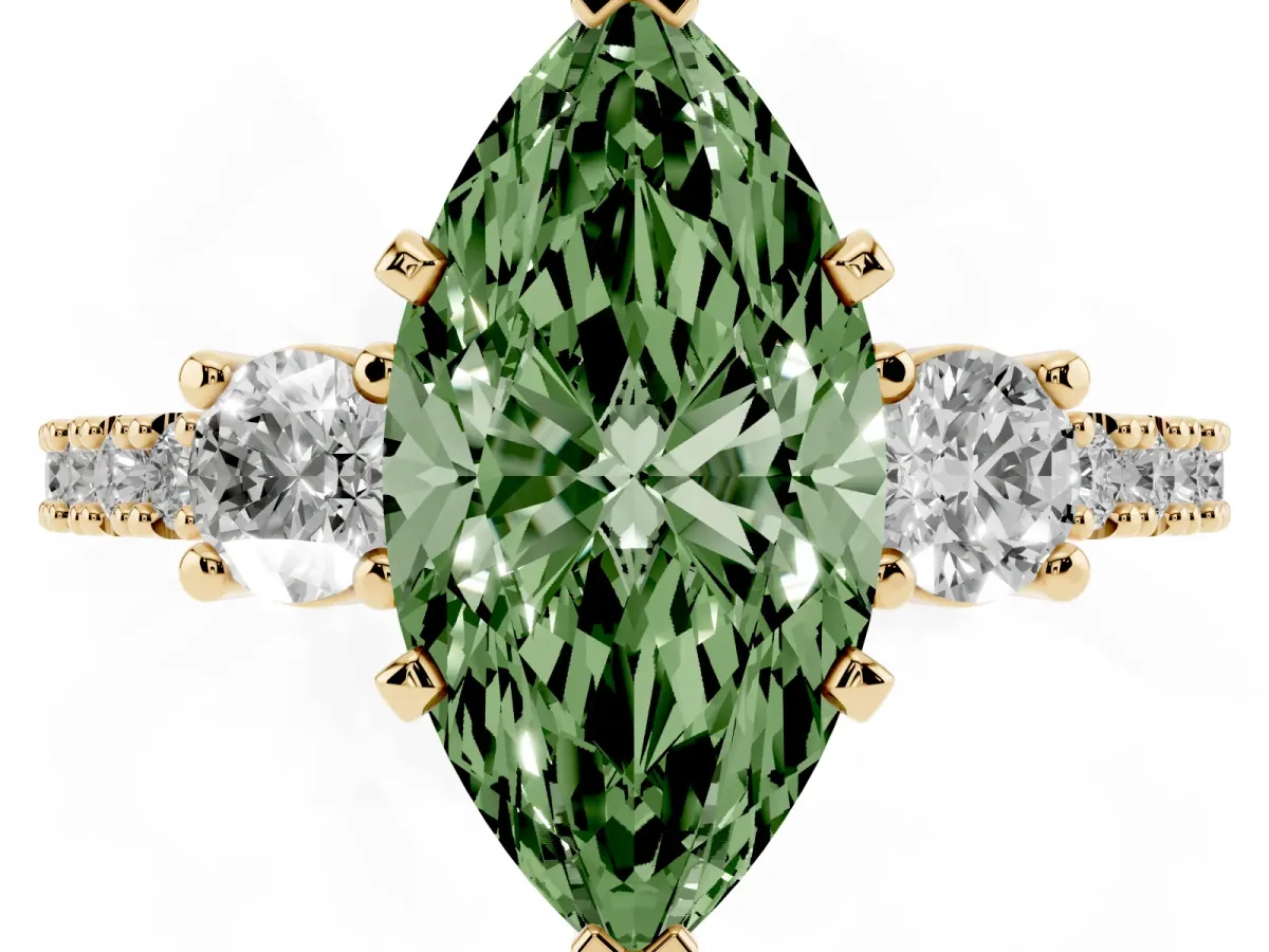 Fancy Green Marquise Cut Three-Stone Diamond Pavé Band with Prong Setting Yellow gold