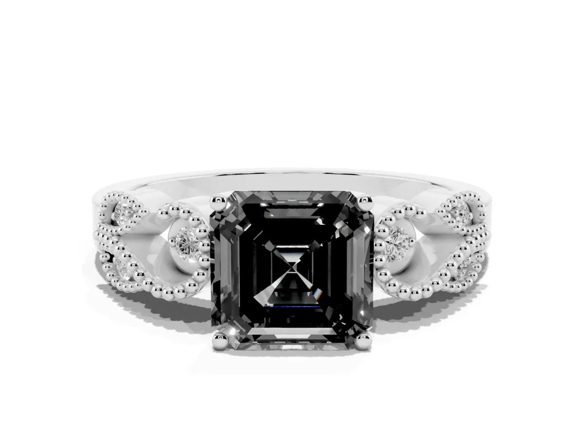Fancy Black Asscher Cut Solitaire Milgrain Leaf Band with Prong Setting White gold
