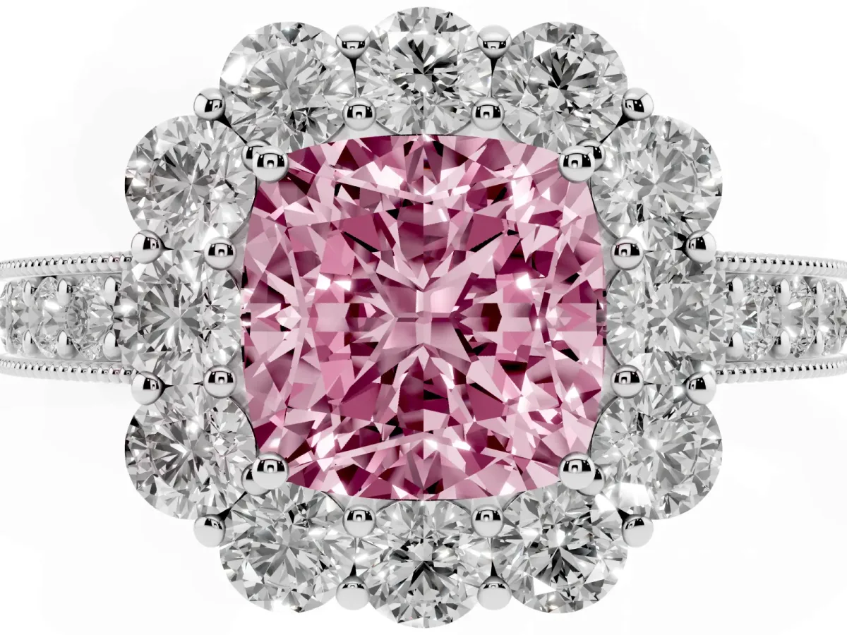 Fancy Pink Cushion Cut Cut Halo Diamond Pavé Engagement Ring with Milgrain Detailing Silver