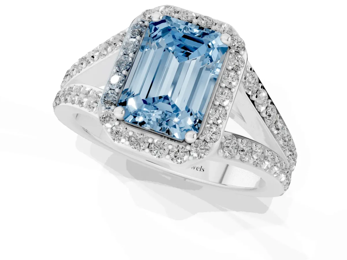 Fancy Blue Emerald Cut Diamond Split Shank Halo Ring with Four-Prong Setting Silver