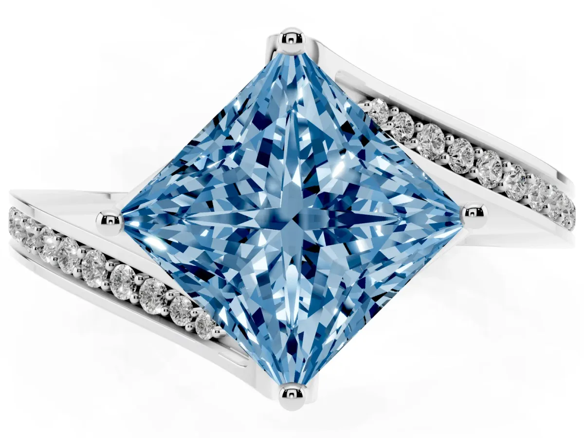 Fancy Blue Princess Cut Solitaire Diamond Twist Band with Pavé Setting and Four-Prong Setting Silver
