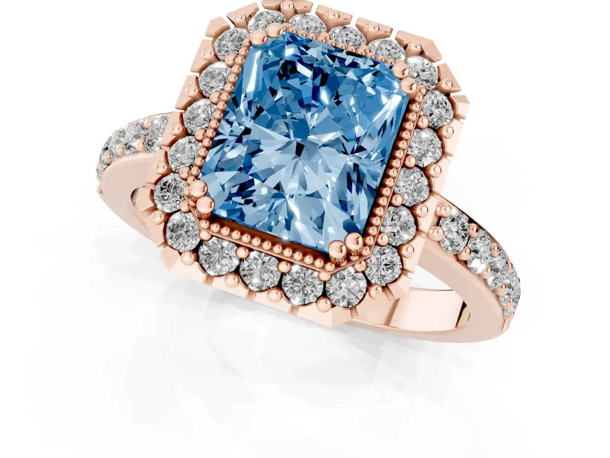 Fancy Blue Radiant Cut Diamond Halo Ring with Pavé Band and Prong Setting Rose gold