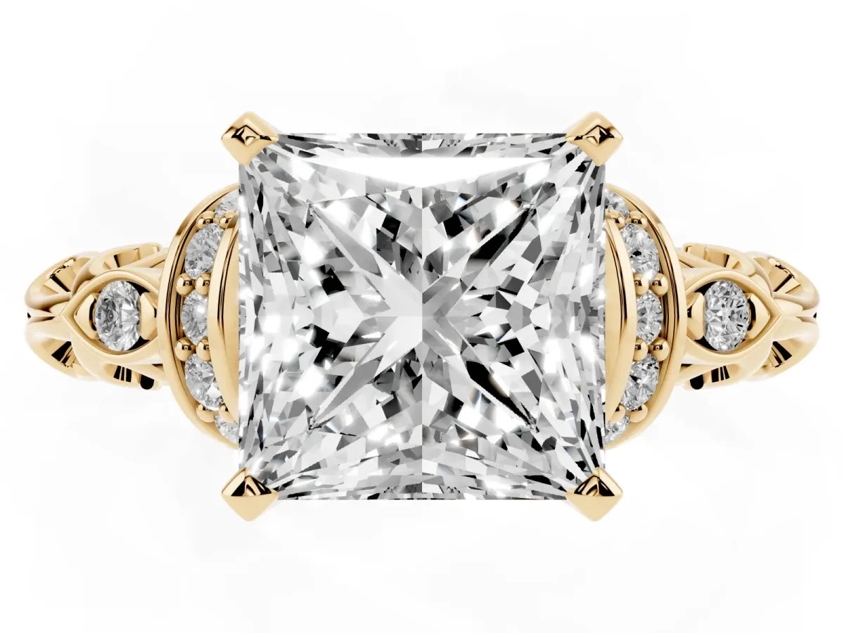 Princess Cut Diamond Solitaire Ring with Filigree Band and Four-Prong Setting Yellow gold