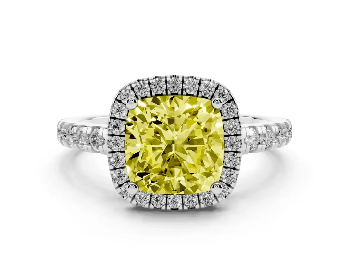 Fancy Yellow Cushion Cut Diamond Halo Ring with Pavé Band and Four-Prong Setting Silver