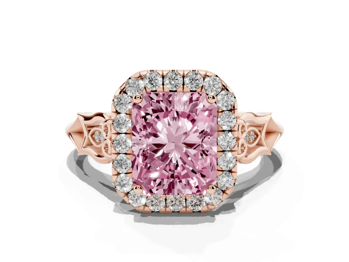 Fancy Pink Radiant Cut Halo Diamond Engagement Ring with Filigree Band and Four-Prong Setting Rose gold