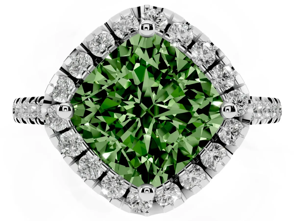 Fancy Green Cushion Cut Diamond Cushion Halo Ring with Pavé Band Silver