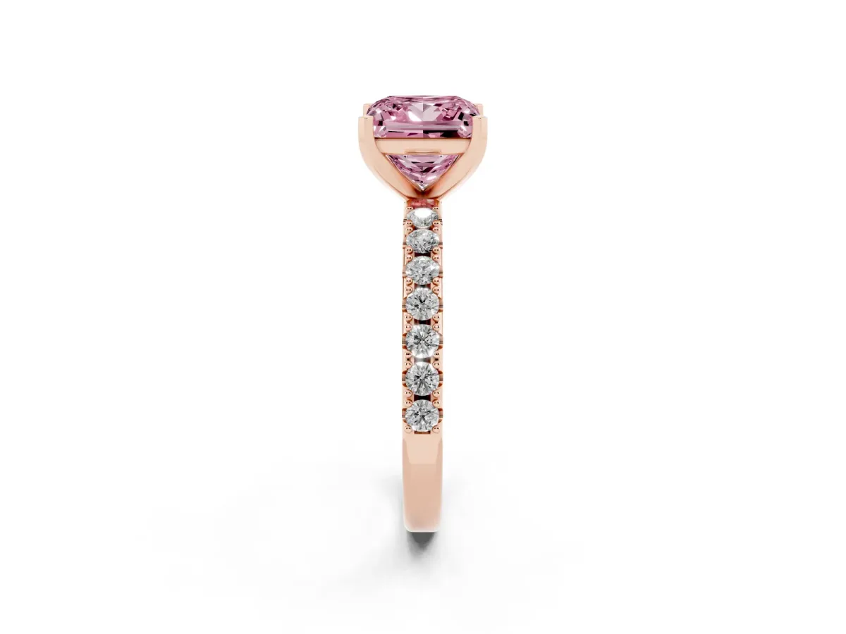 Fancy Pink Princess Cut Diamond Solitaire Pavé Band with Four-Prong Setting Rose gold