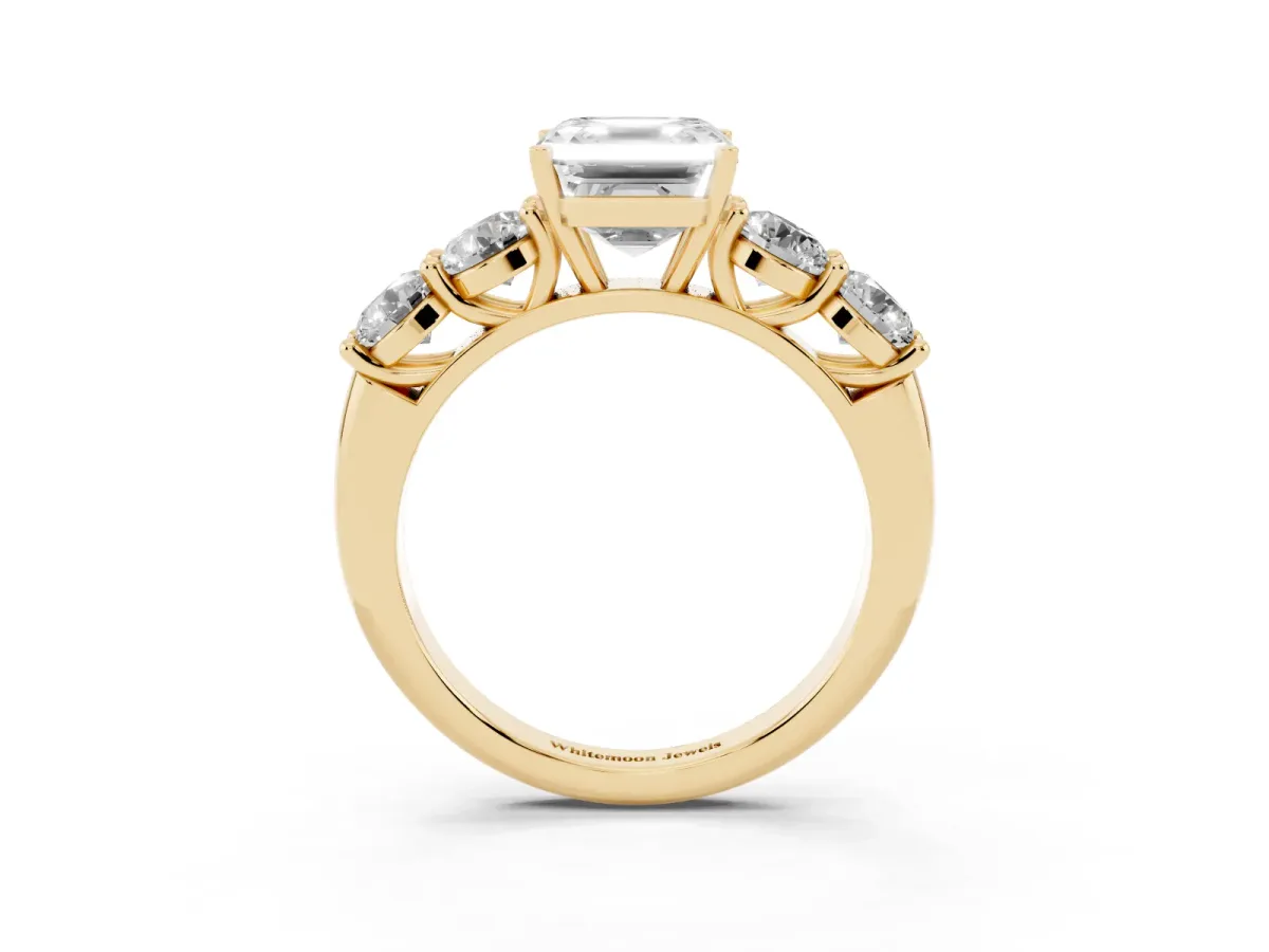 Asscher Cut Cut Five-Stone Prong Set Diamond Ring with Classic Band Yellow gold