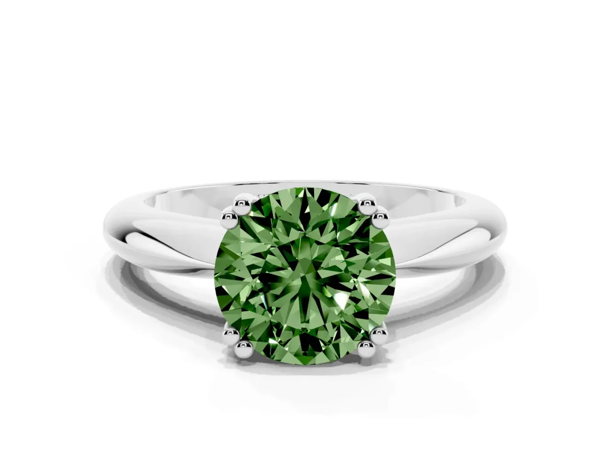 Fancy Green Round Cut Cut Solitaire Engagement Ring with Tapered Band and Four-Prong Setting Silver