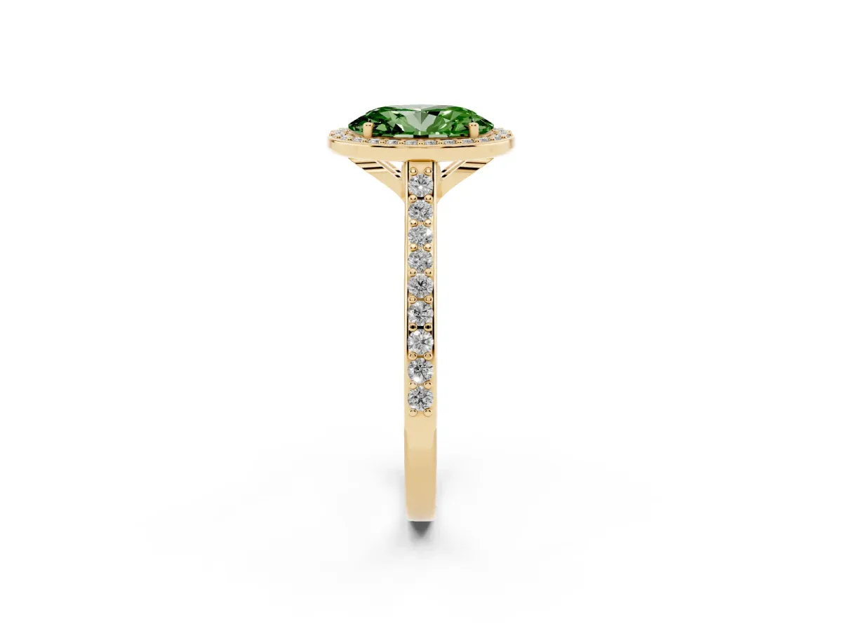 Fancy Green Oval Cut Diamond Halo Engagement Ring with Round Pavé Shoulders and Prong Setting Yellow gold