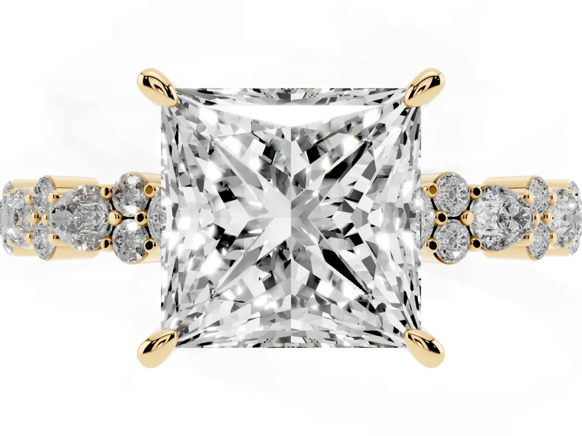 Princess Cut Diamond Side Stone Solitaire Ring with Round and Four-Prong Setting Yellow gold