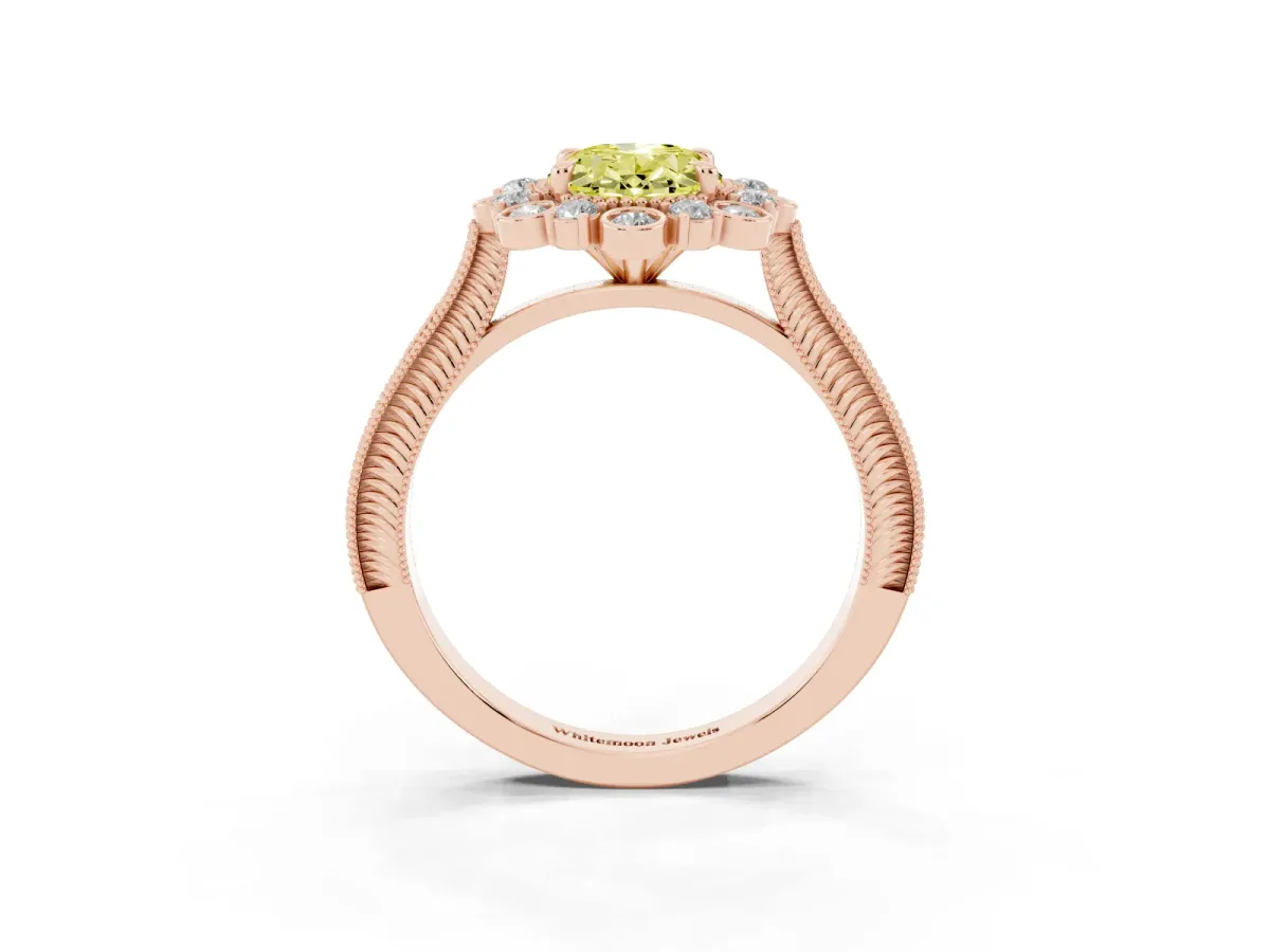 Fancy Yellow Oval Cut Halo Milgrain Pave Diamond Ring with Four-Prong Setting Rose gold