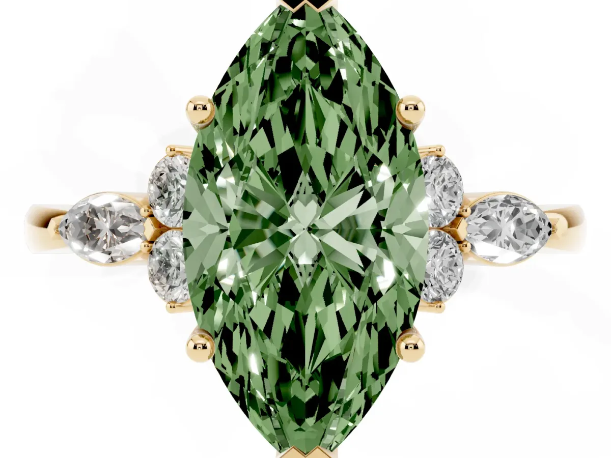 Fancy Green Marquise Cut Brilliant Diamond Solitaire Ring with Pear Side Stones and Four-Prong Setting Yellow gold