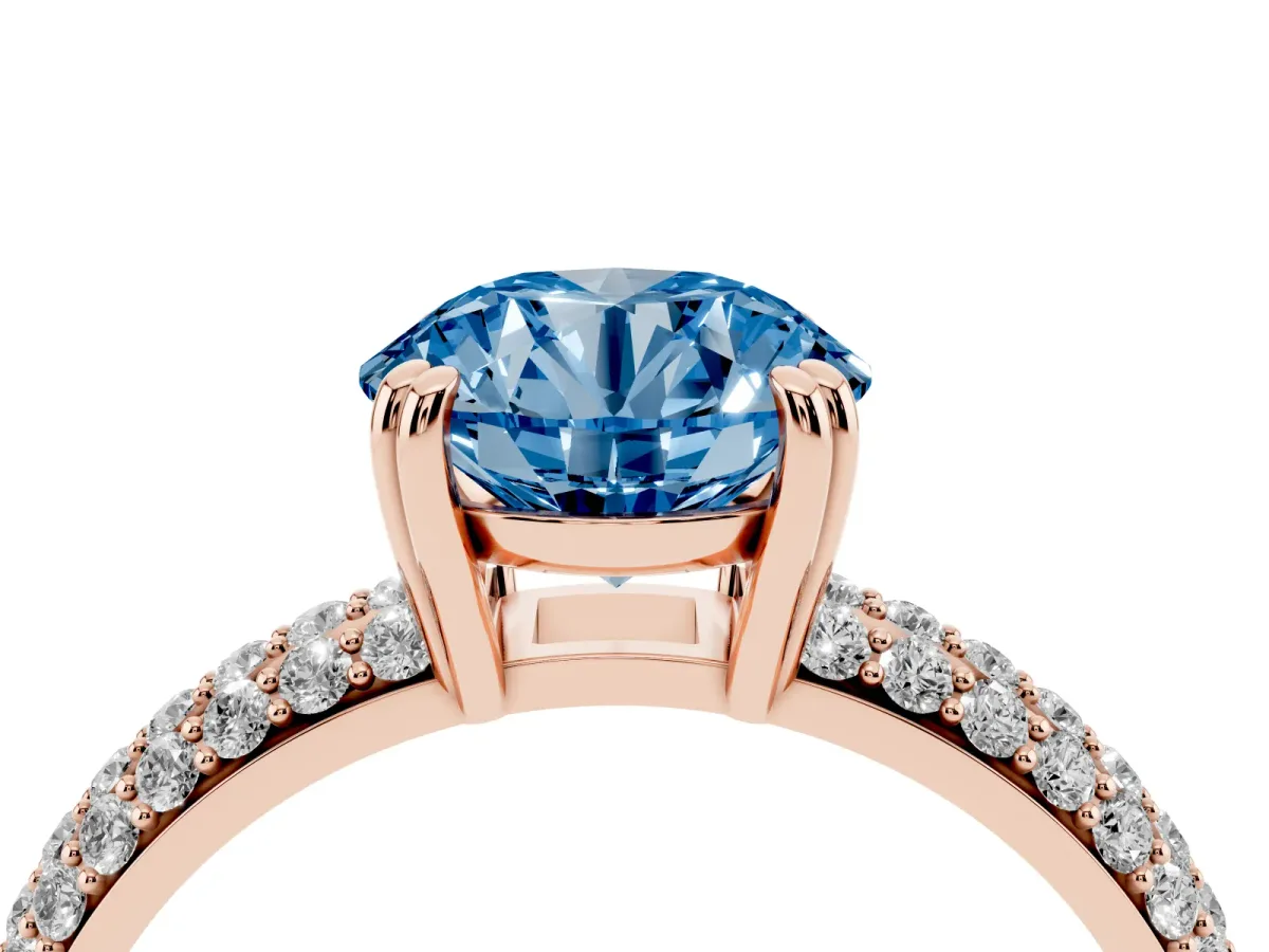 Fancy Blue Round Cut Diamond Solitaire Ring with Multi-Row Round Pavé Band and Prong Setting Rose gold
