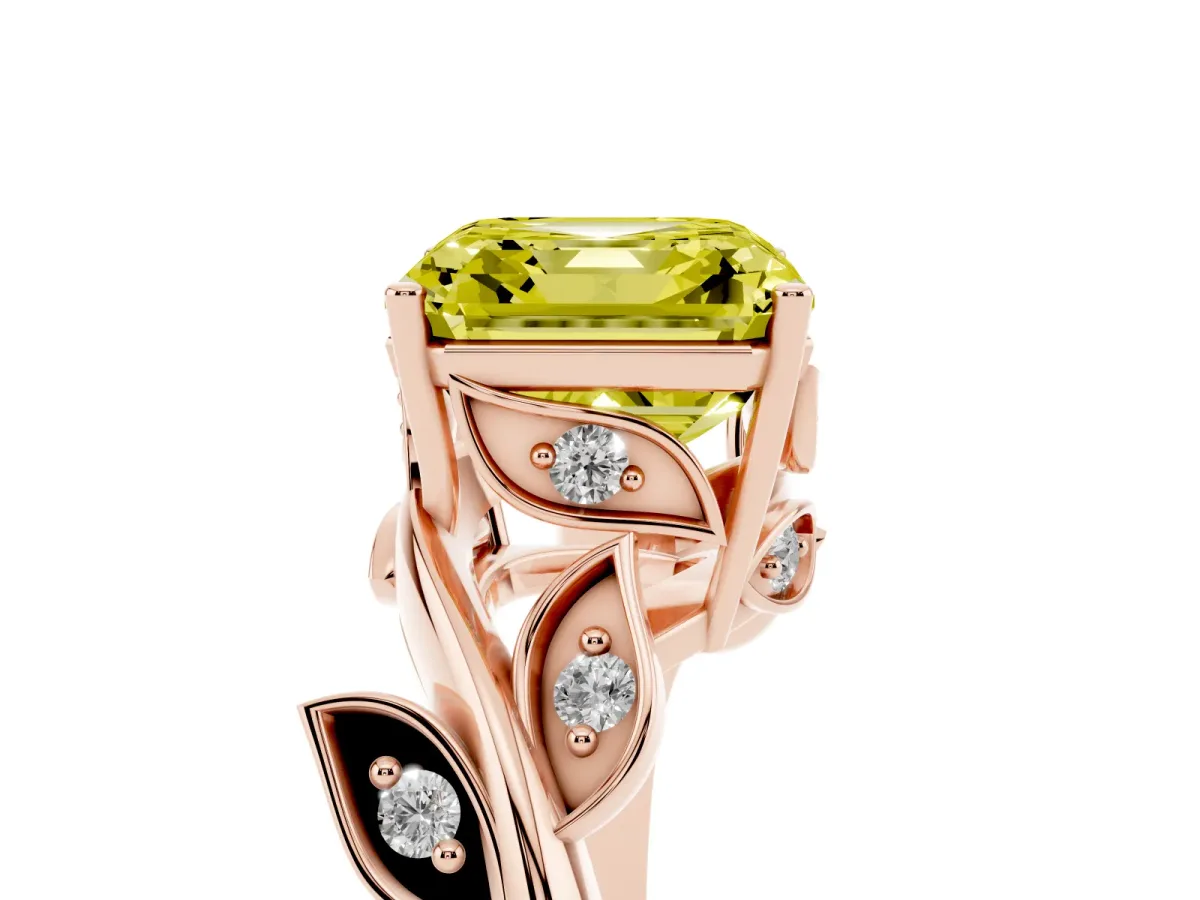 Fancy Yellow Asscher Cut Solitaire Twist Engagement Ring with Leaf Accents and Prong Setting Rose gold