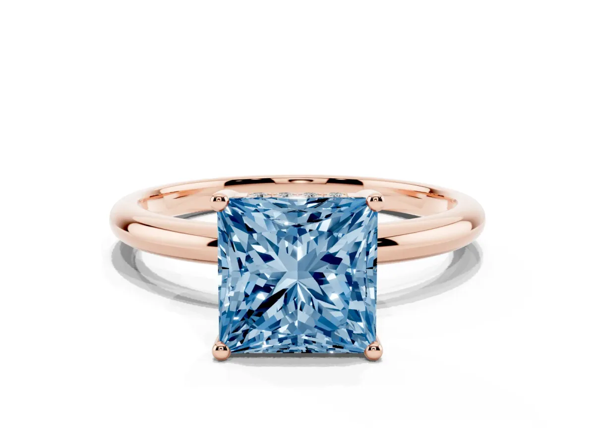 Fancy Blue Princess Cut Cut Solitaire Engagement Ring with Four-Prong Setting and Classic Band Rose gold