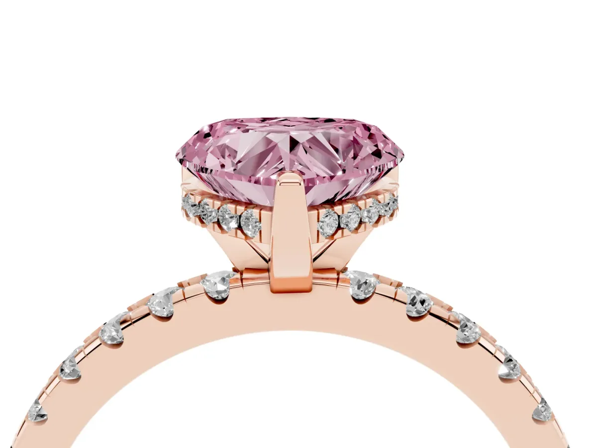 Fancy Pink Heart Cut Diamond Solitaire Ring with Round Pavé Band and Four-Prong Setting Rose gold