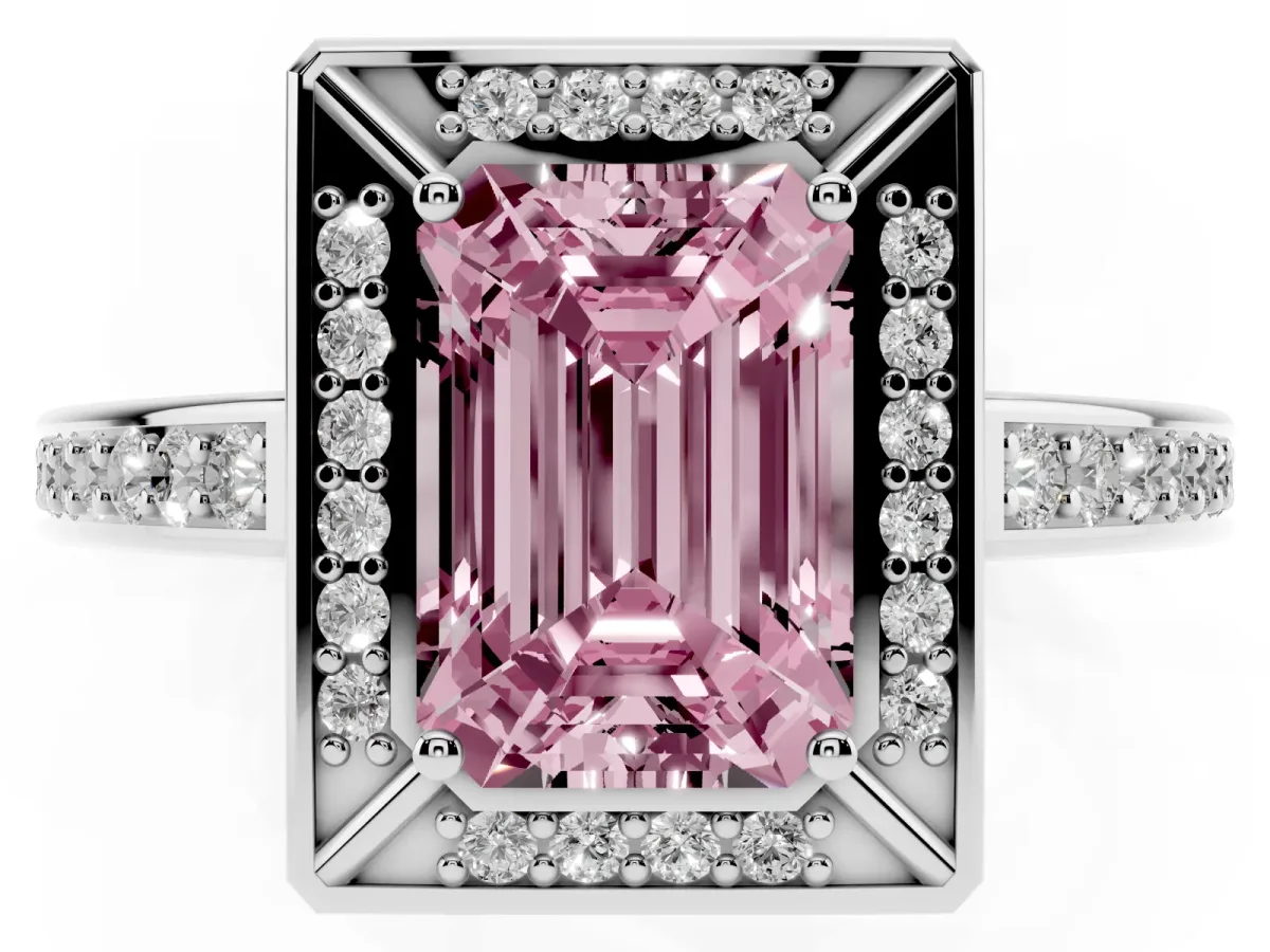 Fancy Pink Emerald Cut Cut Halo Pave Split Shank Prong Setting Ring Silver