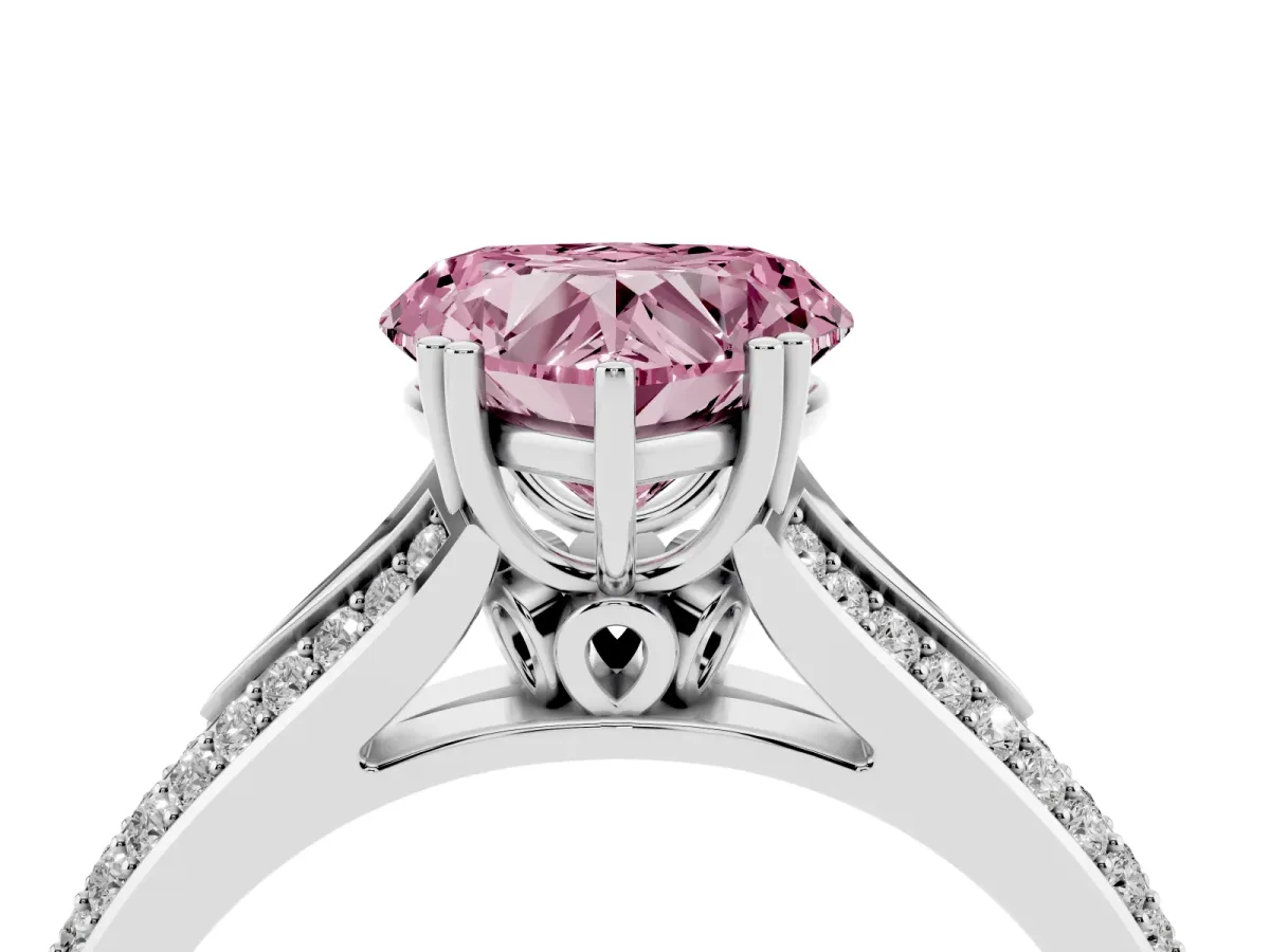 Fancy Pink Heart Cut Diamond Split Shank Engagement Ring with Pavé Band Platinum