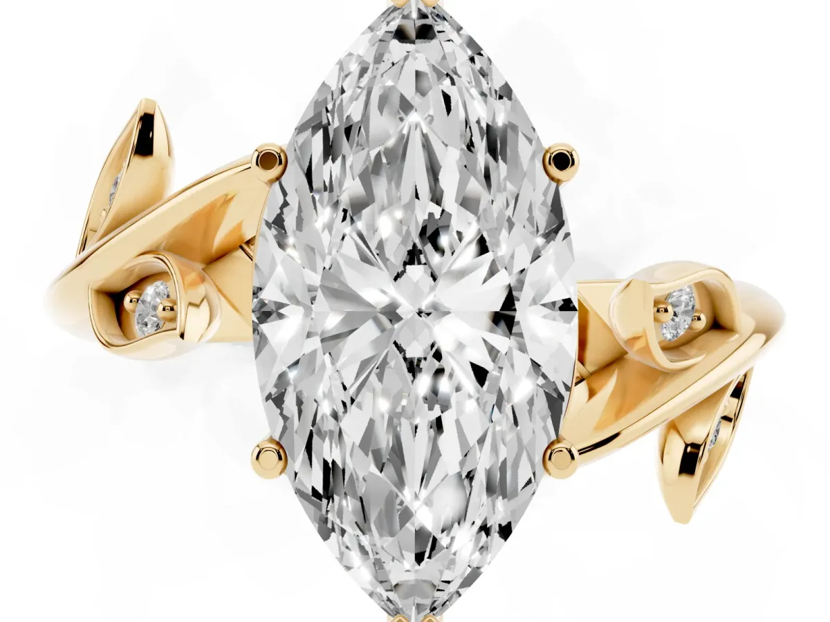 Marquise Cut Solitaire Twist Engagement Ring with Leaf Accents and Prong Setting Yellow gold