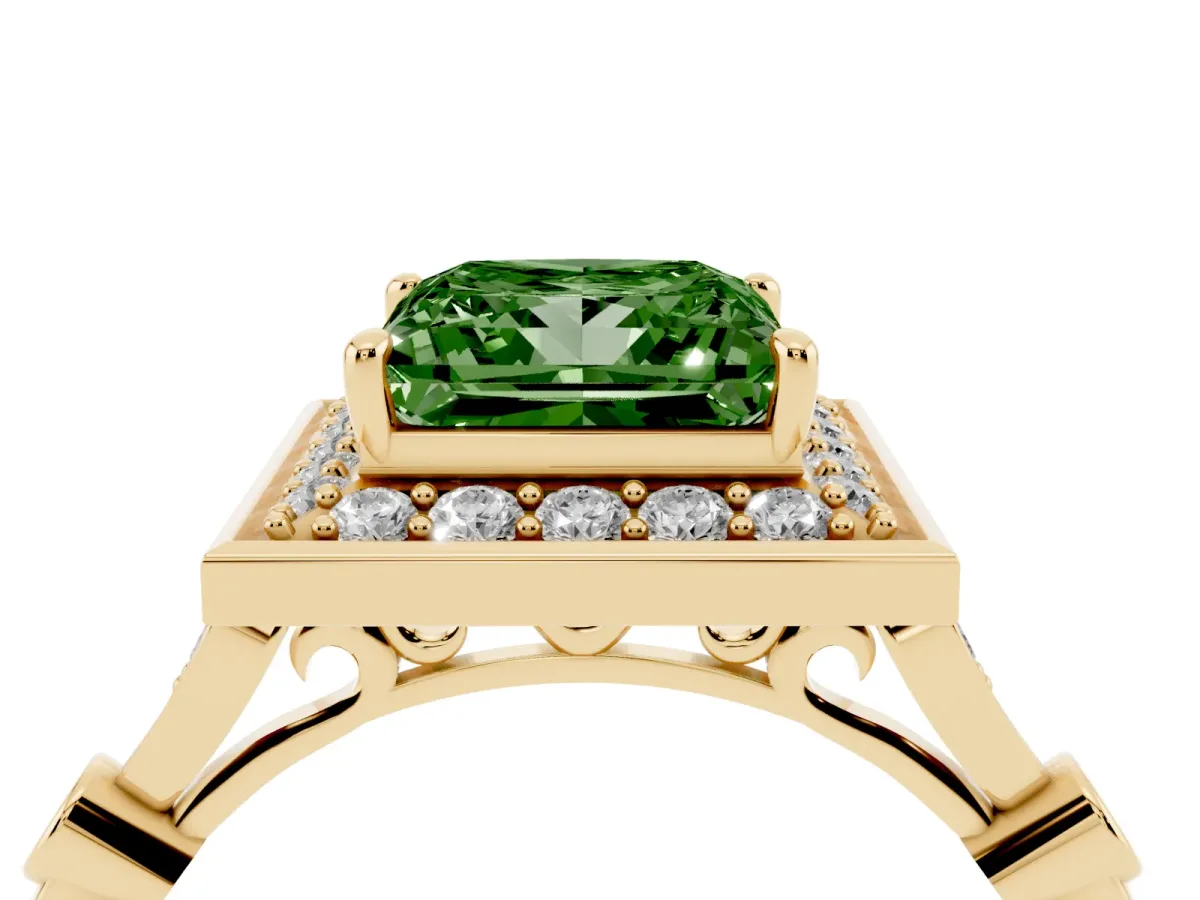 Fancy Green Princess Cut Halo Diamond Engagement Ring with Twisted Band and Four-Prong Setting Yellow gold