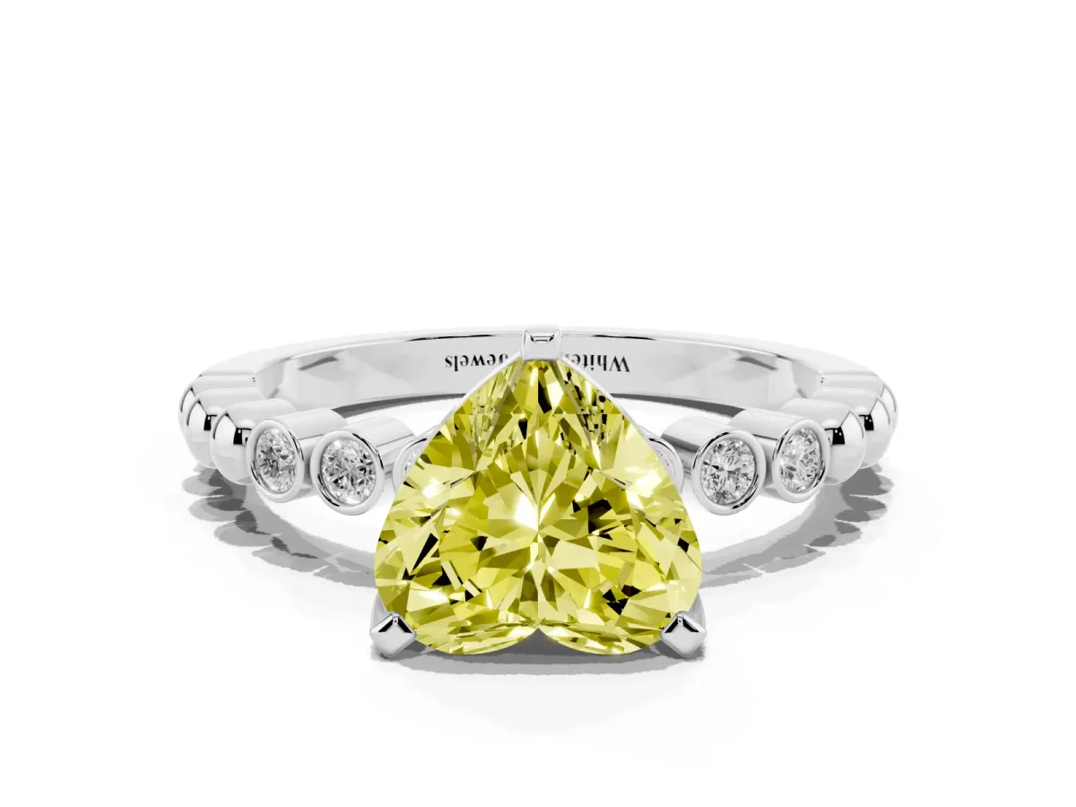 Fancy Yellow Heart Cut Solitaire Bezel Accent Diamond Engagement Ring with Beaded Band and Four-Prong Setting Silver