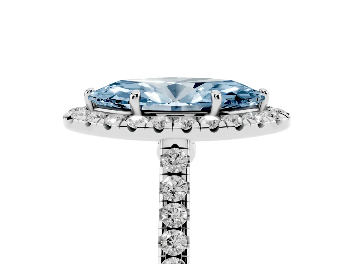 Fancy Blue Marquise Cut Halo Pave Diamond Engagement Ring with Four-Prong Setting Platinum