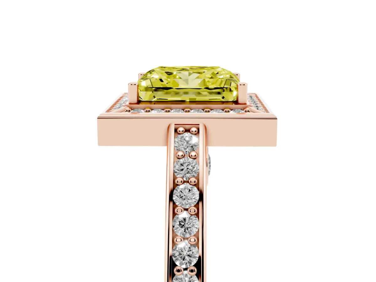 Fancy Yellow Princess Cut Cut Halo Pave Split Shank Prong Setting Ring Rose gold