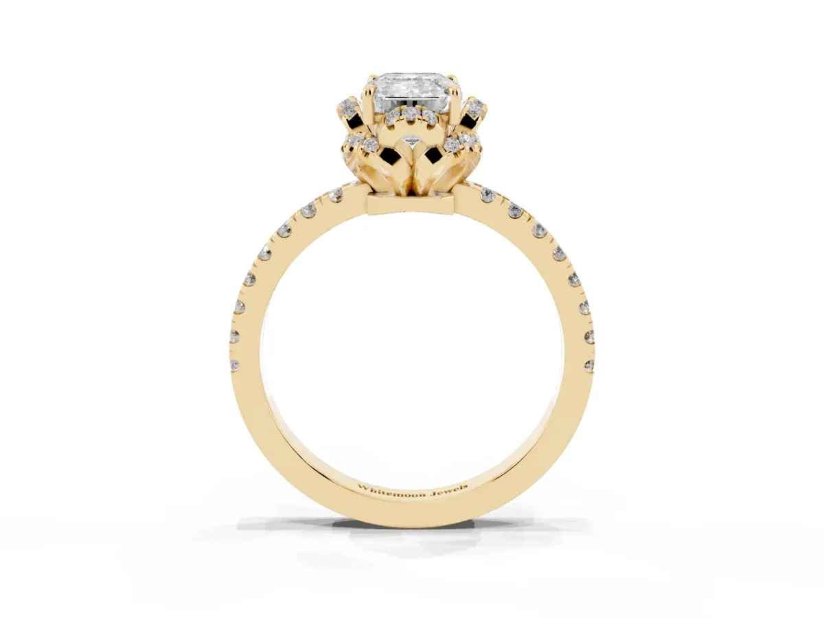 Emerald Cut Diamond Halo Pave Band with Four-Prong Setting Yellow gold