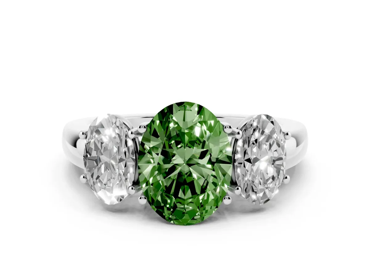 Fancy Green Oval Cut Diamond Three-Stone Ring with Four-Prong Setting and Classic Band Platinum