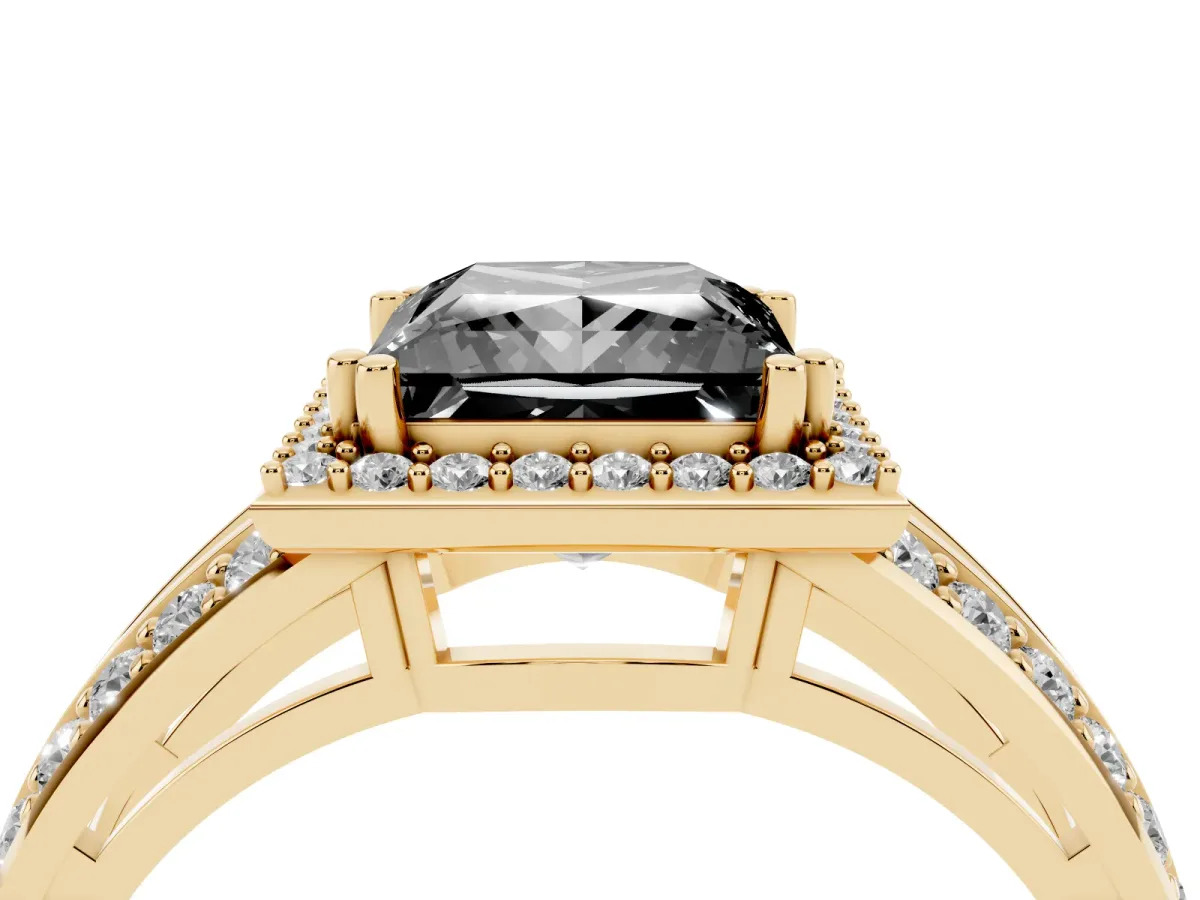 Fancy Black Princess Cut Diamond Halo Ring with Split Shank Pavé Band and Four-Prong Setting Yellow gold