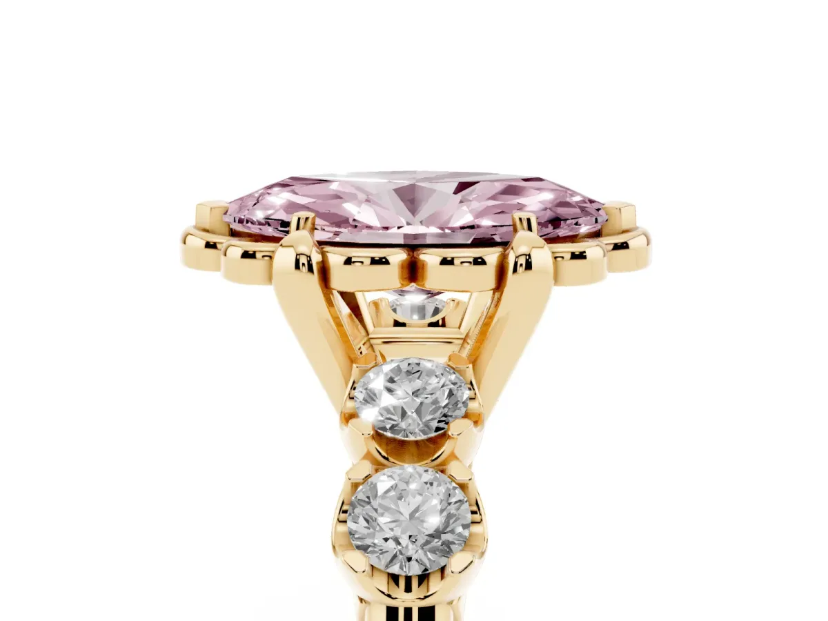 Fancy Pink Marquise Cut Cut Diamond Floral Halo Engagement Ring with Shared Prong Setting Yellow gold